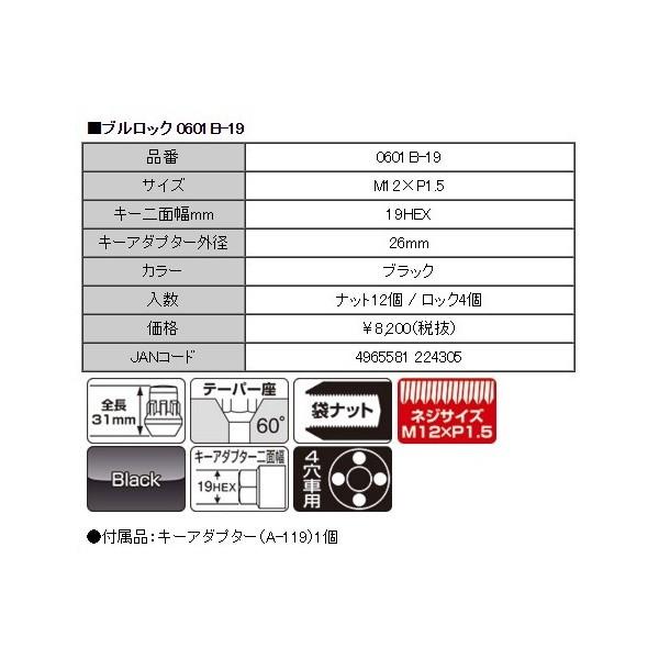 KYO-EI 協永産業 ブルロック&ナット Bull Lock&Nut (ブラック〕（4穴車用）〔0601B-19〕M12xP1.5 19HEX｜mostprice｜02