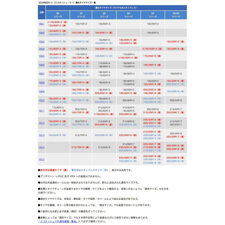 FB08　FEC　非金属　ECOMESH2　55R16,195　ワンタッチ　装着　チェーン規制　50R16　60R15,175　60R16,185　タイヤチェーン　など　185　雪　エコメッシュツー