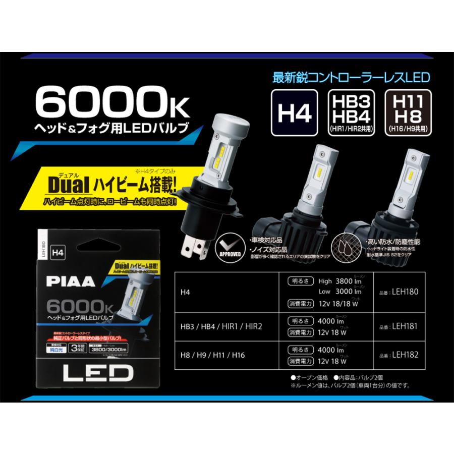 PIAA ピア ヘッド＆フォグ用LEDバルブ 6000K H4 2個入り〔LEH180〕| ライト ヘッドランプ フォグランプ デュアルハイビーム 車検対応 3年保証 12V車専用｜mostprice｜07