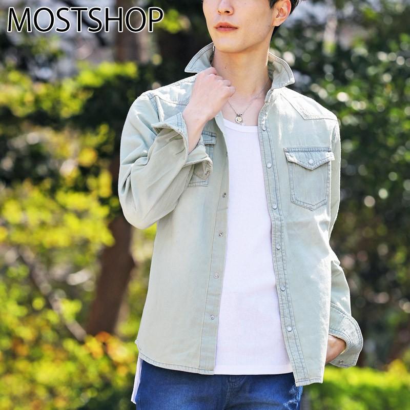 デニムシャツ メンズ 長袖 ダンガリーシャツ ユーズド加工 ヴィンテージ加工 ウエスタンシャツ 無地 デニム トップス トップス