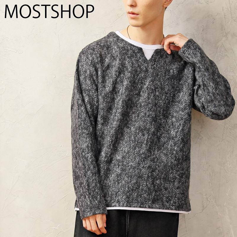 ブークレーニット セーター メンズ キーネック ニットソー カットソー フェイクレイヤード 起毛 無地 長袖 秋冬 保障できる