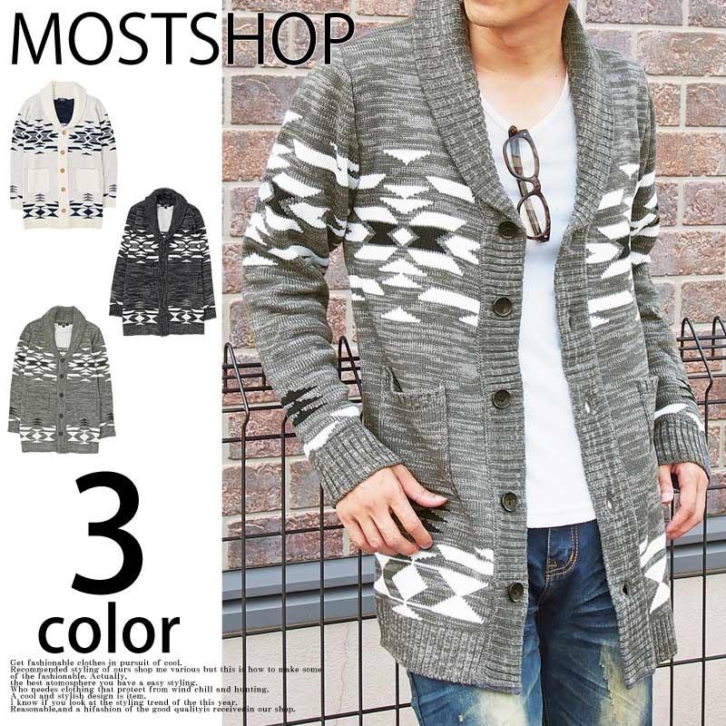 カーディガン メンズ オルテガ柄 ロング丈 ロングカーディガン ショールカラー ニット セーター ネイティブ系 トップス N Tops 81 Most 人気メンズ服通販のmostshop 通販 Yahoo ショッピング
