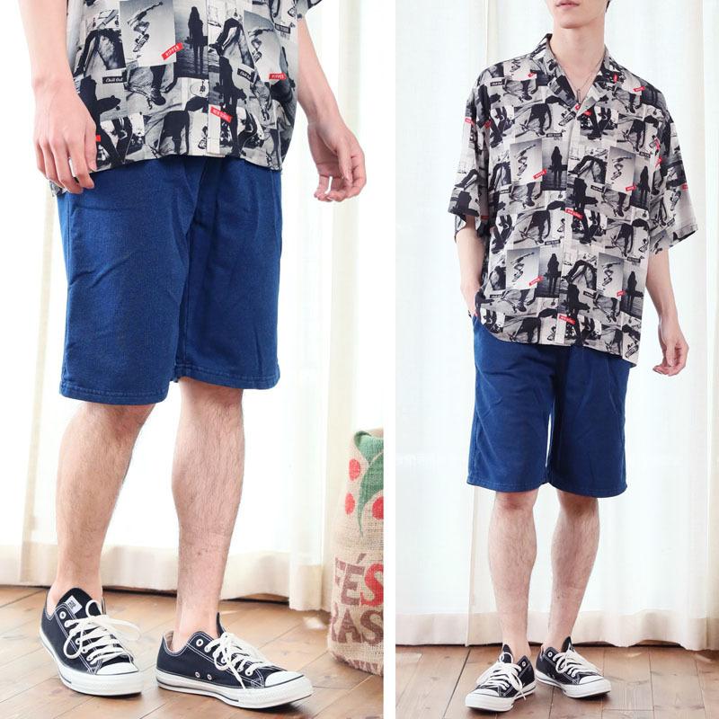 美品　45R イージーポッポ　リリープリント　ハーフパンツ　藍染　インディゴ染め ショートパンツ メンズ ハーフパンツ インディゴ染め 裏毛素材
