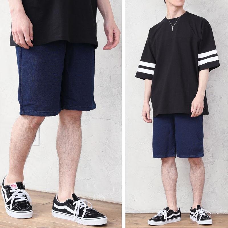 ショートパンツ メンズ ハーフパンツ インディゴ染め 裏毛素材