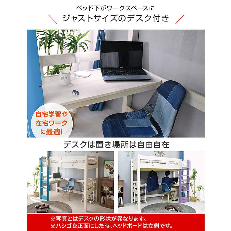 ロフトベット ハイタイプ ミドル 木製 子供 大人用 取っ手付 宮付き コンセント付 シングルベッド 机 テーブル付 白 ミリオンロフト(フレームのみ)_5