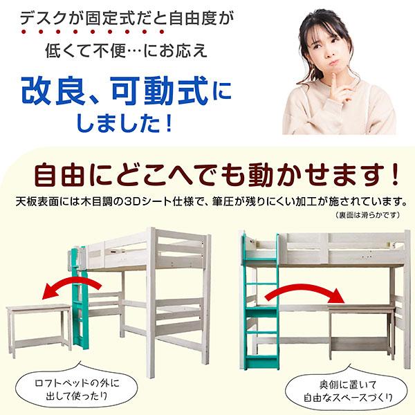 ロフトベット ハイタイプ ミドル 木製 子供 大人用 取っ手付 宮付き コンセント付 シングルベッド 机 テーブル付 白 ミリオンロフト(フレームのみ)_6