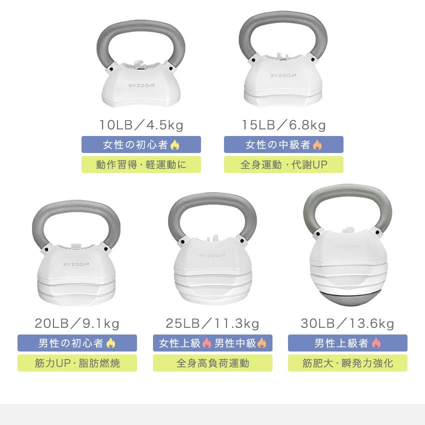 可変式ケトルベル 30LB(13.6kg) BYZOOM ホワイト ブラック 5段階調整