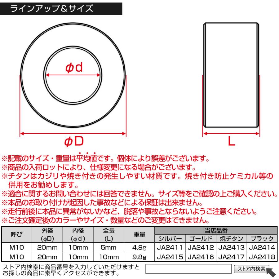 チタン カラー スペーサー M10 外径20mm 全長10mm 中空スペーサー