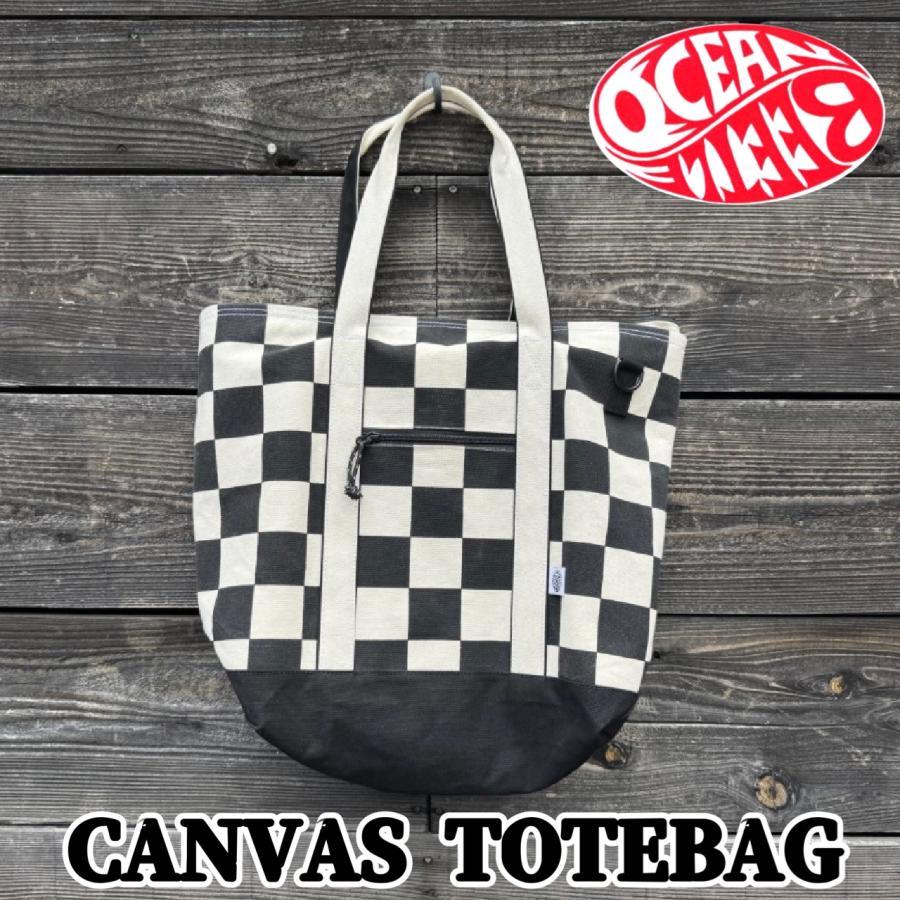 極美品、お手頃価格のチェッカー柄ショッピングバッグ（トートバッグ） メーカー完売品 OCEANBEETLE オーシャンビートル CANVAS TOTEBAG