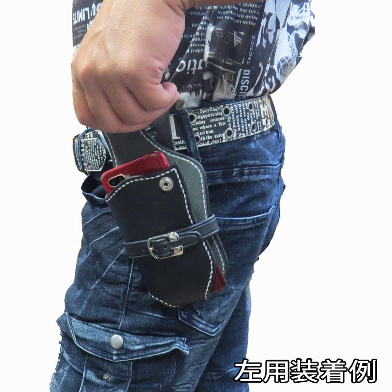 【商品入れ替えの為 10%OFF】GOD VALLEY スマホホルダー 牛革　スマホケース　ベルトポーチ　ピストルホルダー風　ブラック/ホワイトステッチ　LLサイズ_10