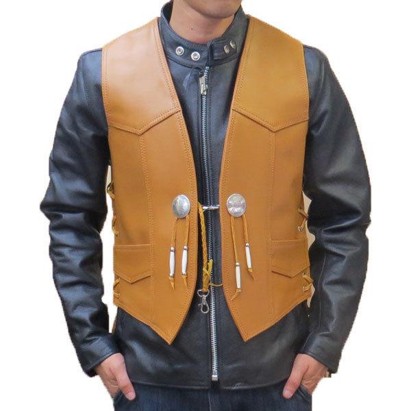 HEAVY オイルレザーベスト タン（38インチ）VEST (HVO-01T) メンズ  