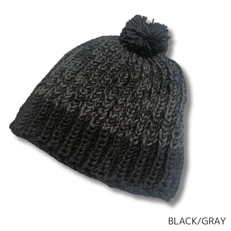 ブラックリブ編みニット帽・ポンポン付き ゆうパケ送料無料！】ポンポンニットビーニー リブ編みニット帽