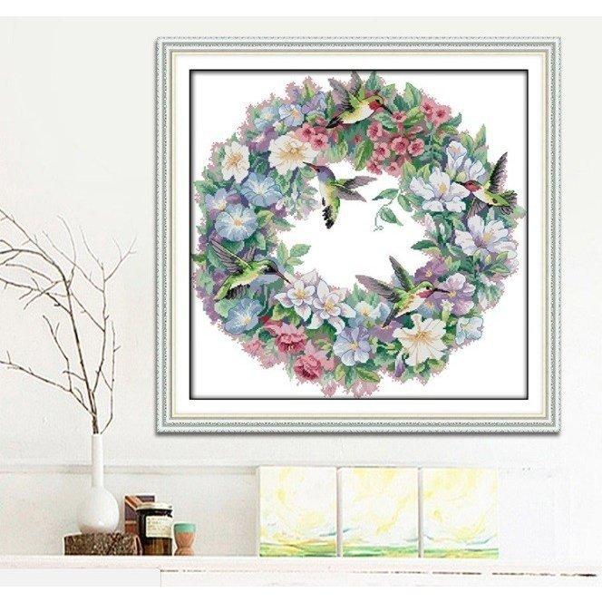 クロスステッチ 刺繍キット 花鳥の幸運 花輪 壁に貼るフレーム 11ct