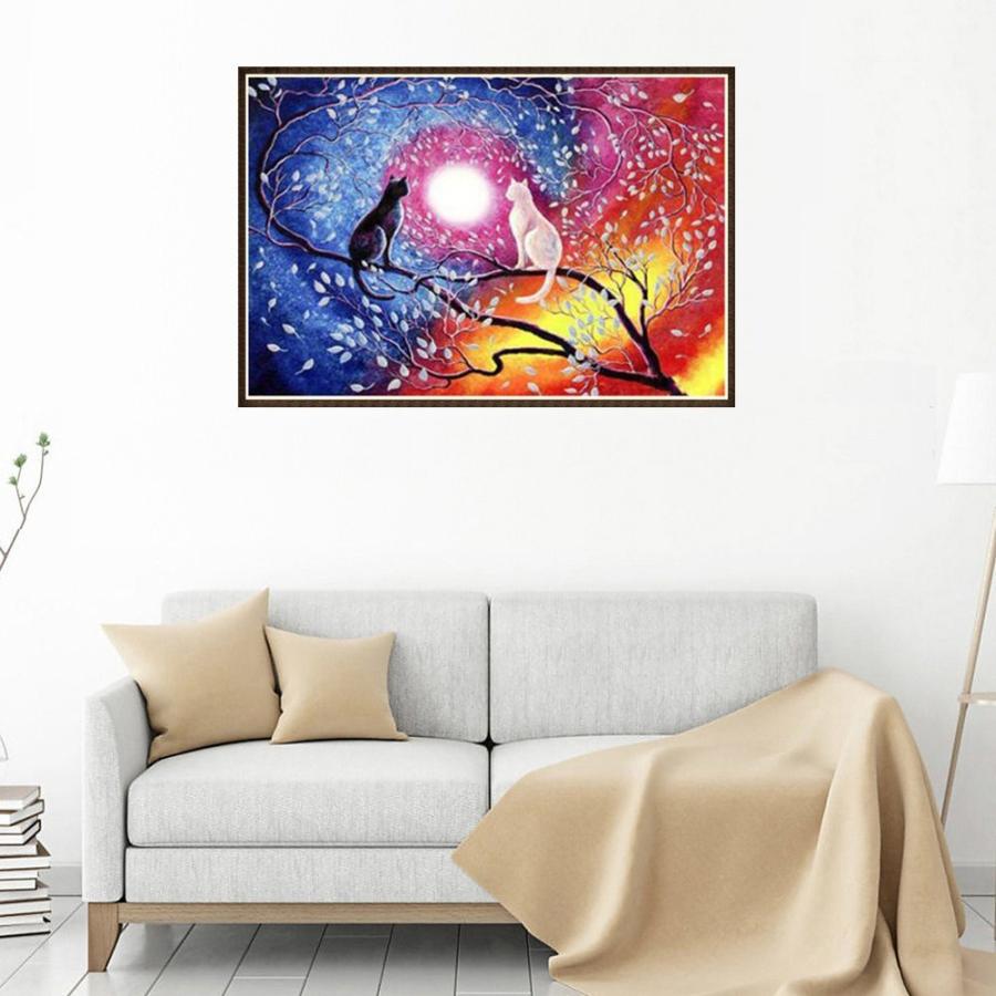 5D刺繍 ダイヤモンド アート 月の下 猫 壁に貼るフレーム ビーズ絵画