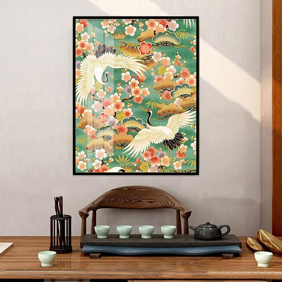 【手刺繍掛軸】松鶴長生図　龍潭書画社製　竹布×絹糸刺繍　縁起画　170×50cm 手刺繍掛軸】松鶴長生図 龍潭書画社製 竹布×絹糸刺繍 縁起画 170