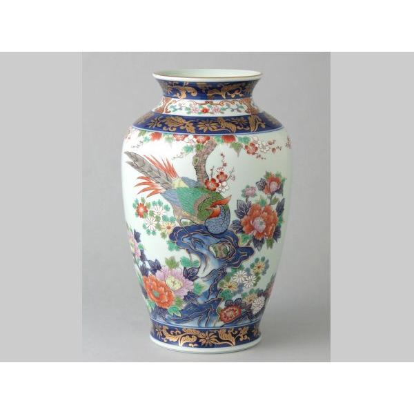 有田焼　染錦岩花鳥　肩丸花瓶