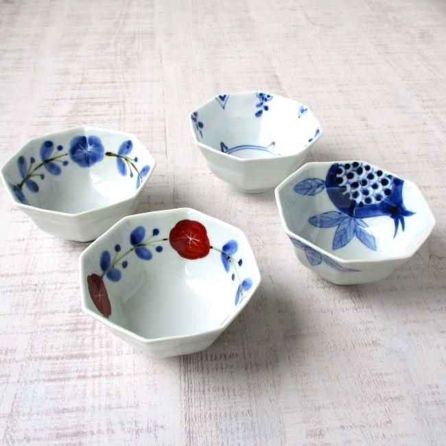 有田焼 皓洋窯 食器 小鉢 ボウル 染付 さび花つなぎリム八角中付