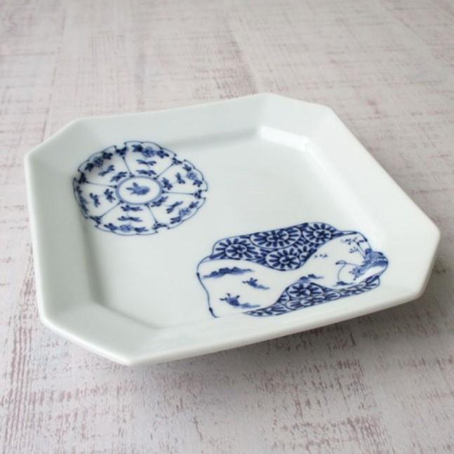 波佐見焼 染付 割草花兎 山水 蛸唐草 角銘々皿 角皿 取皿 デザート皿