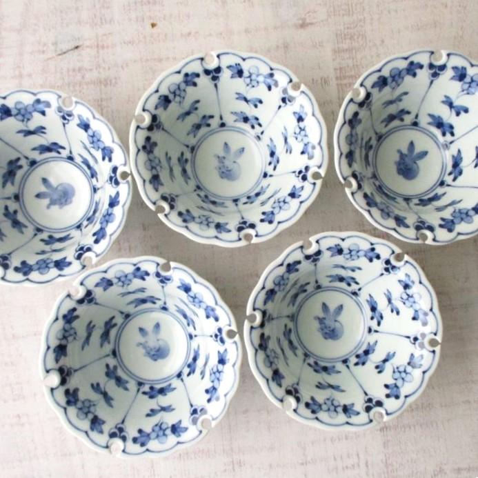 波佐見焼 染付 割草花兎紋 雪輪小付 可愛い シンプル 小鉢 うさぎ