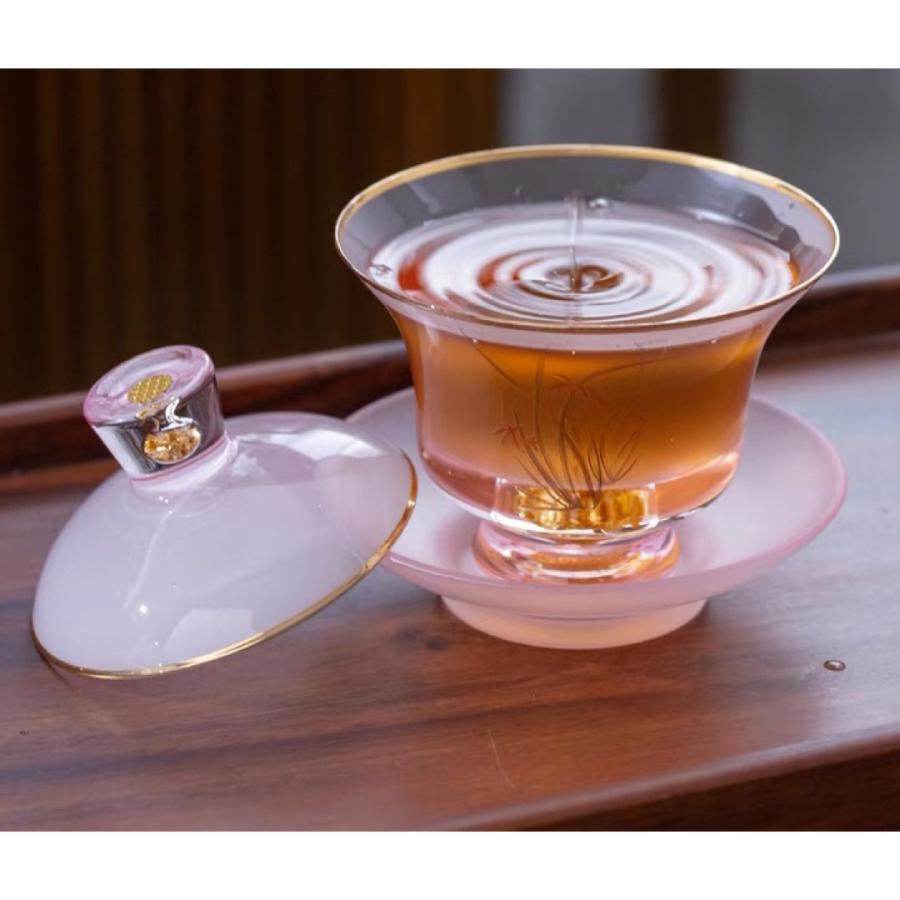 高級 蓋碗 茶杯セット 金箔入れ 花柄 おしゃれ 耐熱ガラス製の中国茶器