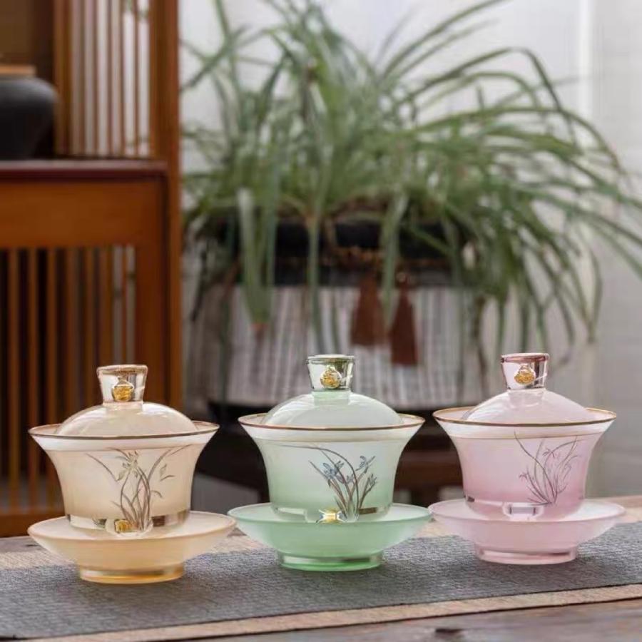 高級 蓋碗 茶杯セット 金箔入れ 花柄 おしゃれ 耐熱ガラス製の中国茶器