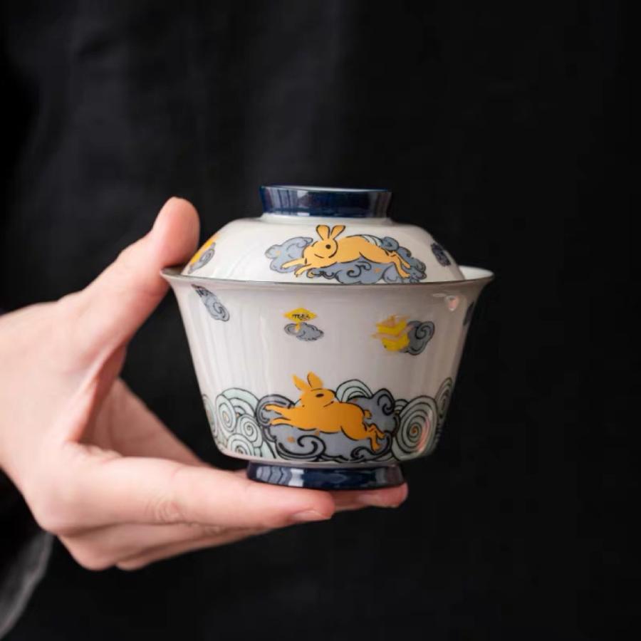蓋碗 茶杯セット おしゃれ うさぎ 耐熱磁陶器製の中国茶器 1客 : 夢