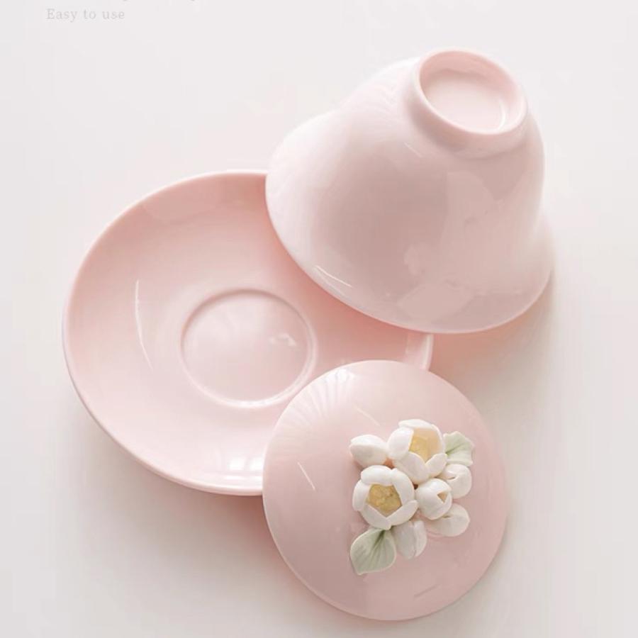 蓋碗 茶杯セット 茶器 三才碗 立体花柄 耐熱 陶磁器製の中国茶器 1客 蓋碗 茶杯セット おしゃれ 花柄 耐熱磁陶器製の中国茶器 1客