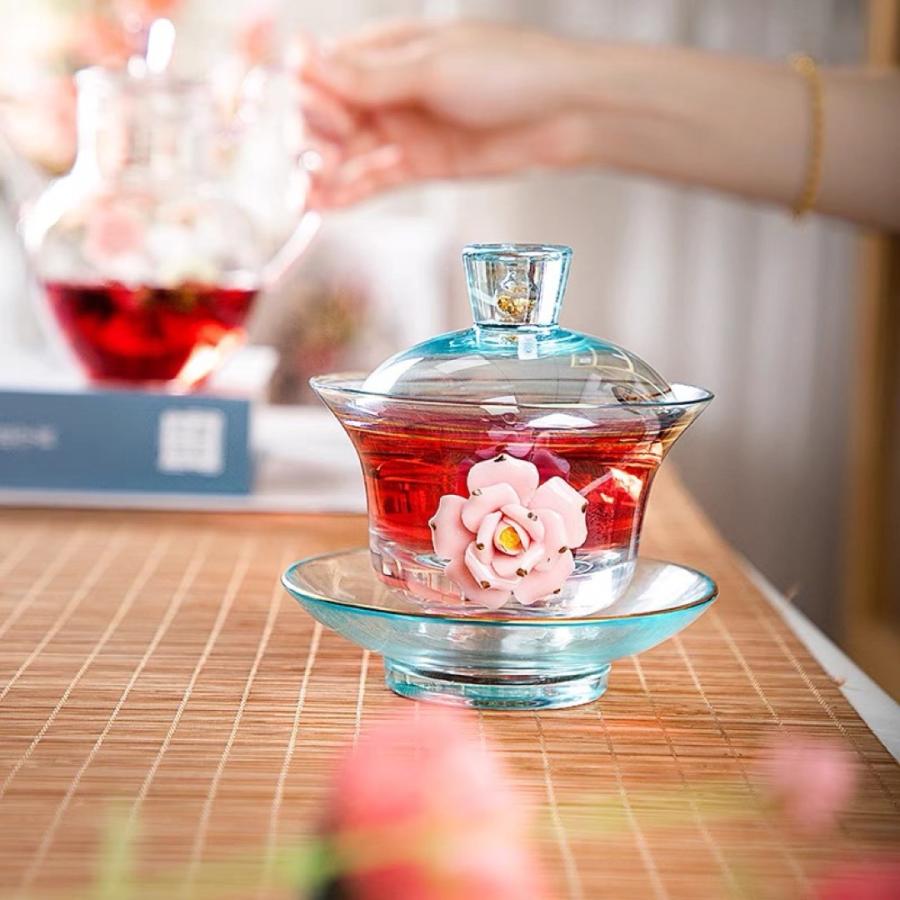 高級 蓋碗 茶杯セット 金箔入れ 花柄おしゃれ 耐熱ガラス製の 高級 蓋碗 茶杯セット 金箔入れ 花柄おしゃれ 耐熱ガラス製の