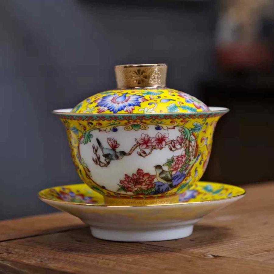 蓋碗　琺瑯彩 茶杯セット 茶器　三才碗 花柄 耐熱 陶磁器製の中国茶器 1客 蓋碗 琺瑯彩 茶杯セット 茶器 三才碗 花柄 耐熱 陶磁器製の中国