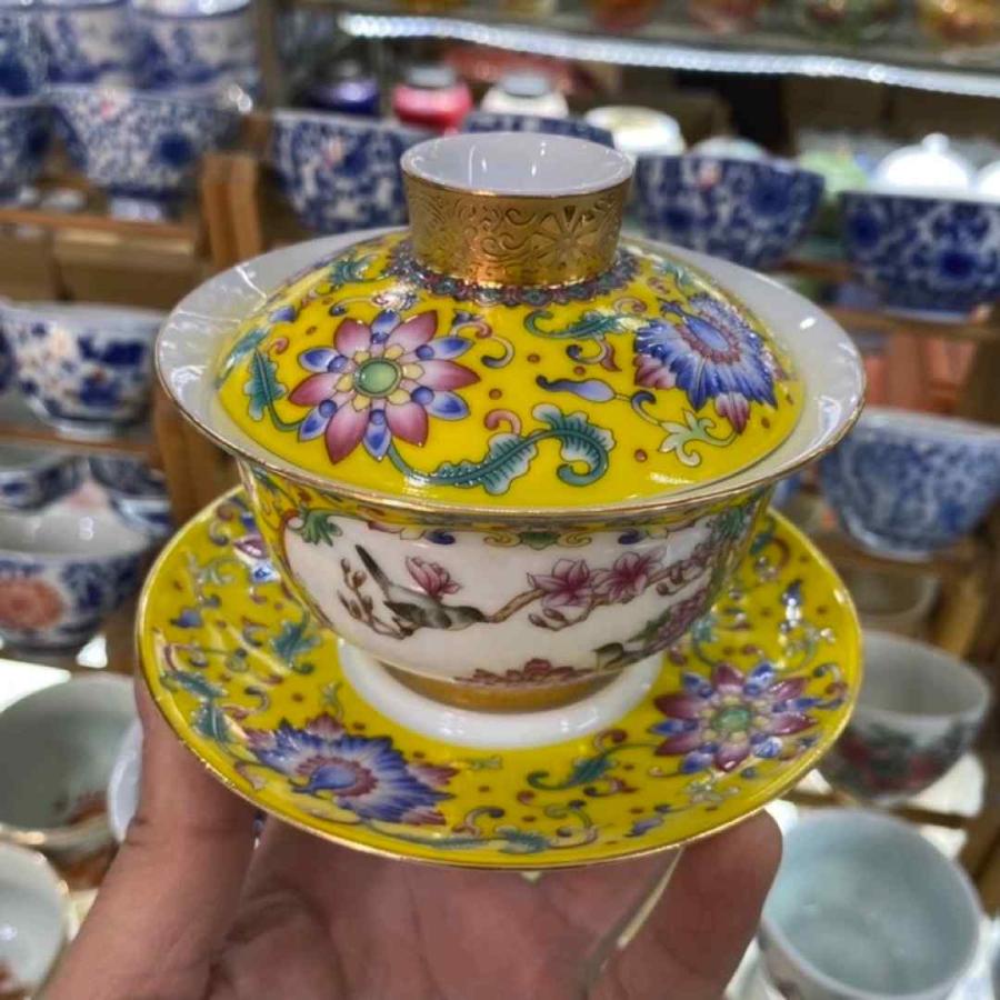 蓋碗 琺瑯彩 茶杯セット 茶器 三才碗 花柄 耐熱 陶磁器製の中国茶器