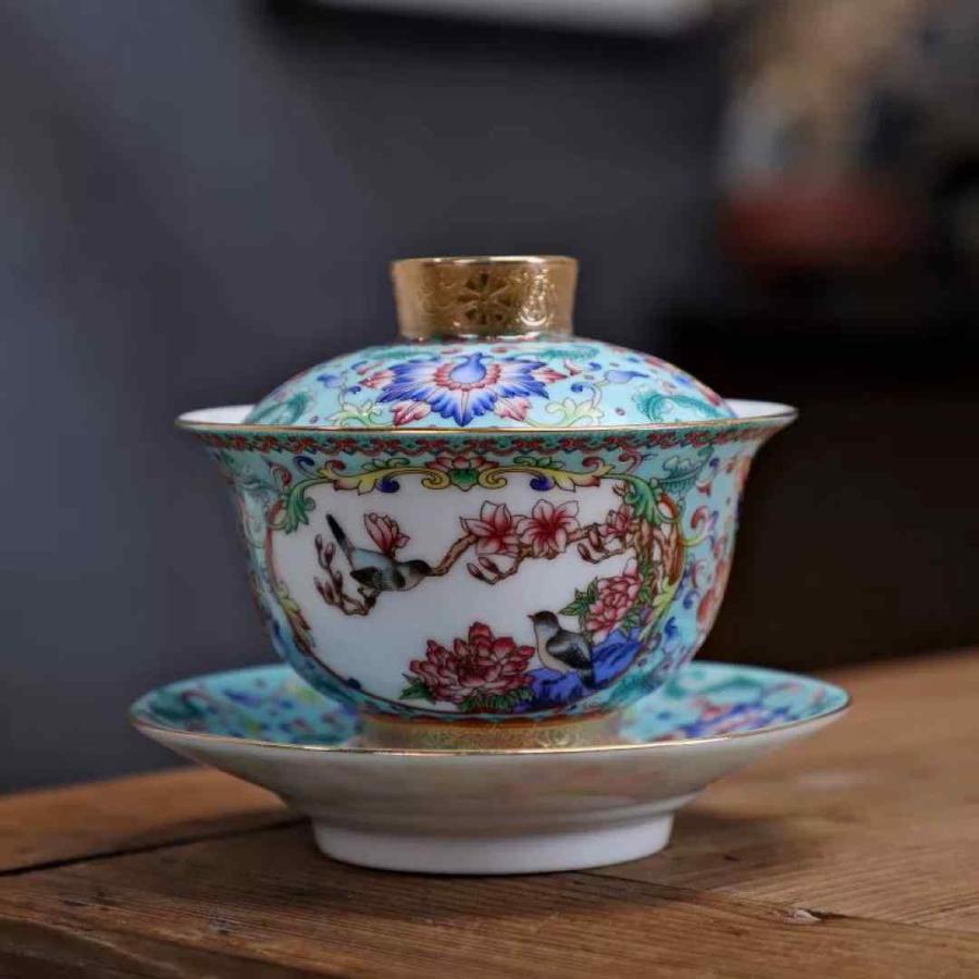 蓋碗 琺瑯彩 茶杯セット 茶器 三才碗 花柄 耐熱 陶磁器製の中国茶器 1
