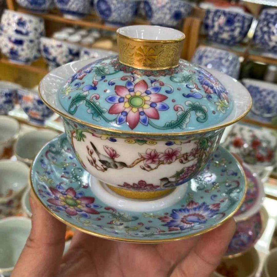 蓋碗 琺瑯彩 茶杯セット 茶器 三才碗 花柄 耐熱 陶磁器製の中国茶器
