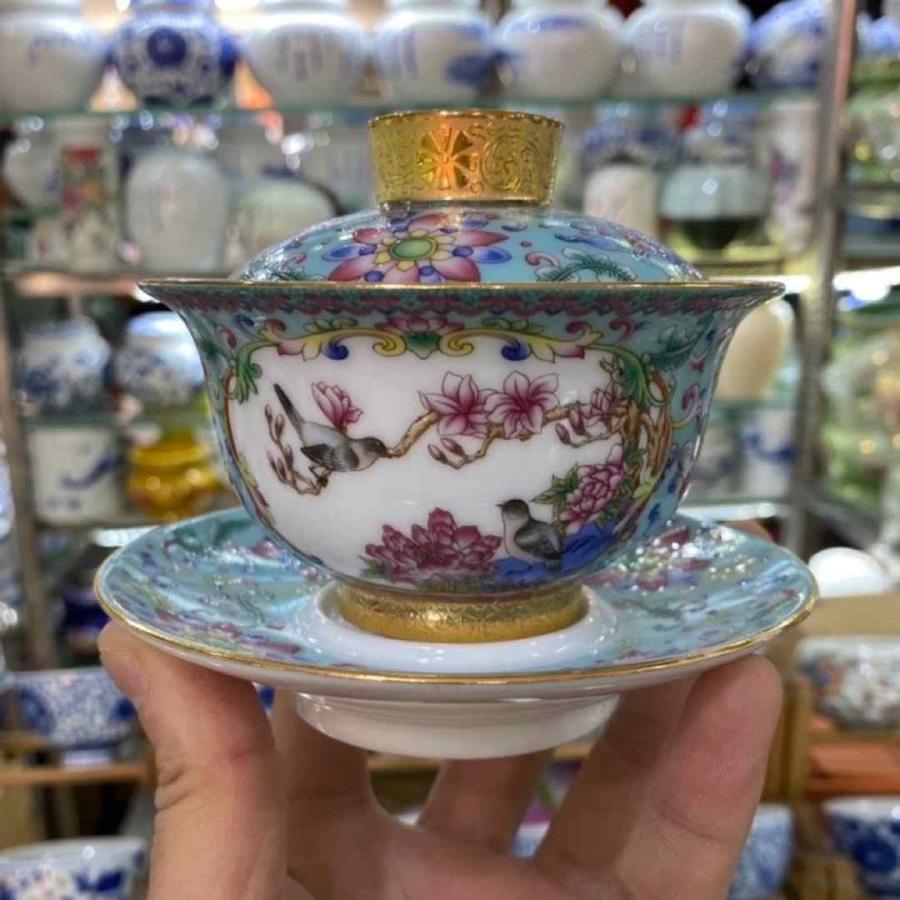 蓋碗 琺瑯彩 茶杯セット 茶器 三才碗 花柄 耐熱 陶磁器製の中国茶器 1