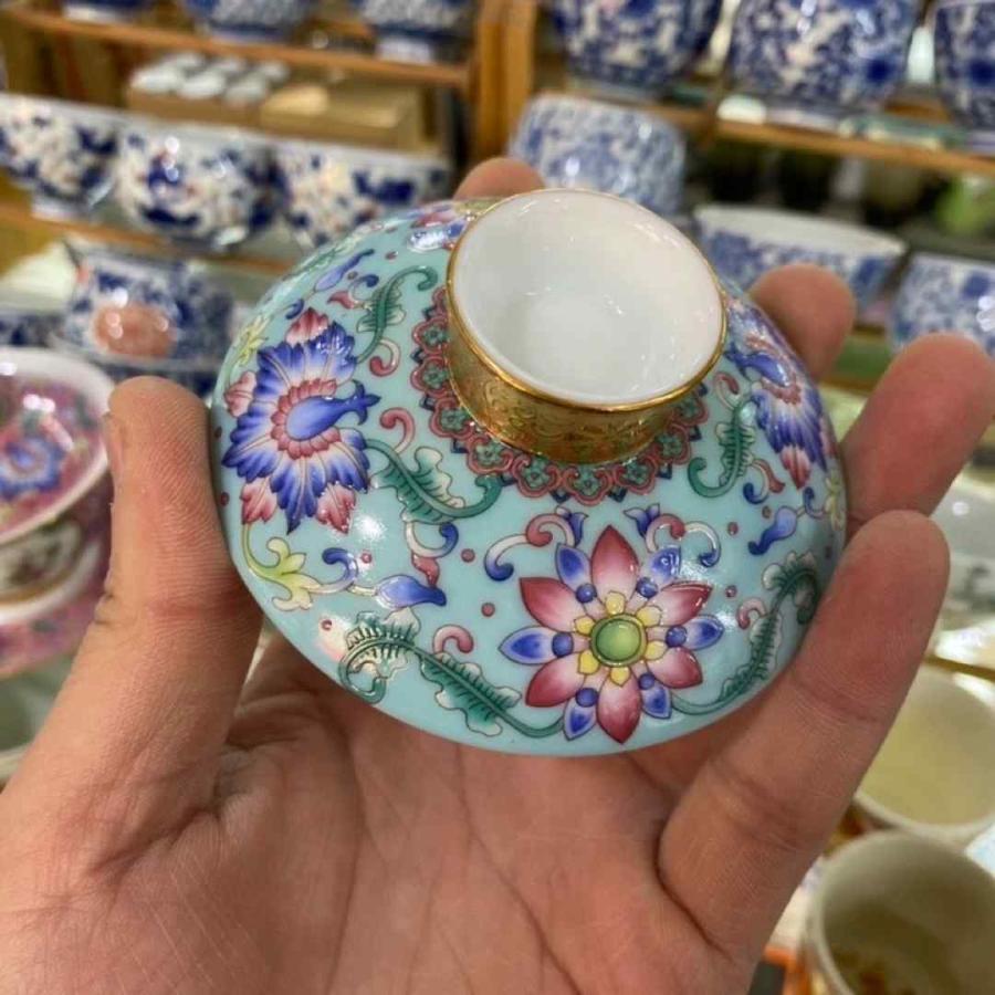 中国製 花柄 陶器茶碗 蓋碗 琺瑯彩 茶杯セット 茶器 三才碗 花柄 耐熱 陶磁器製の中国茶器 1
