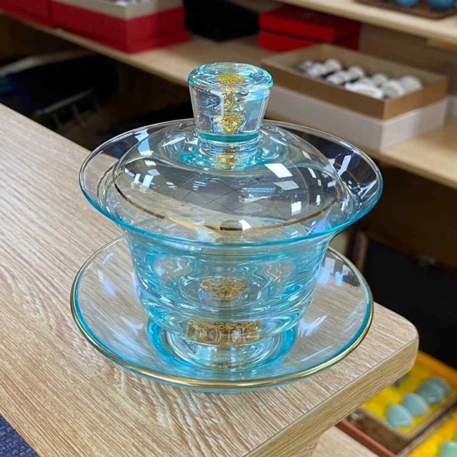 高級 蓋碗 茶杯セット 金箔入れ おしゃれ 耐熱ガラス製の中国茶器 1客