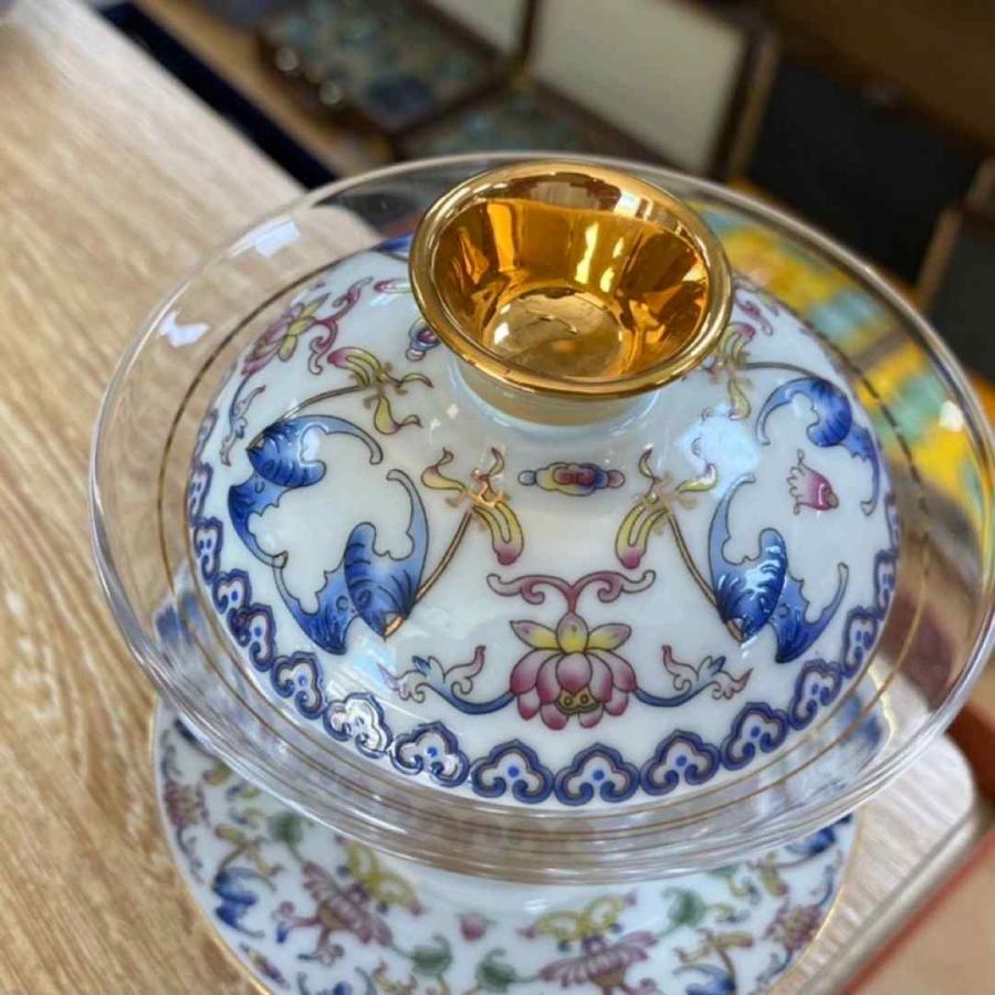 金箔入れ 茶器ガラス蓋碗 180ml 磁器蓋と受け皿付き（花模様）高級