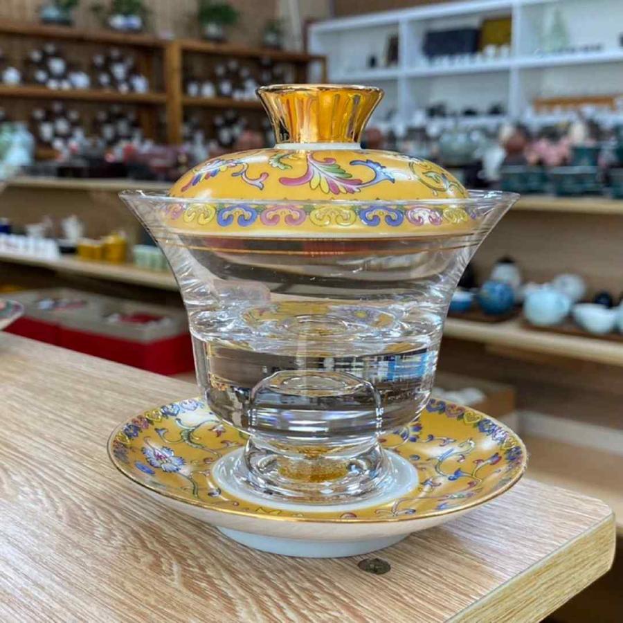 茶器ガラス蓋碗 200ml 磁器蓋と受け皿付き（花模様）高級 食器 金箔入れ 茶器ガラス蓋碗 180ml 磁器蓋と受け皿付き（花模様）高級