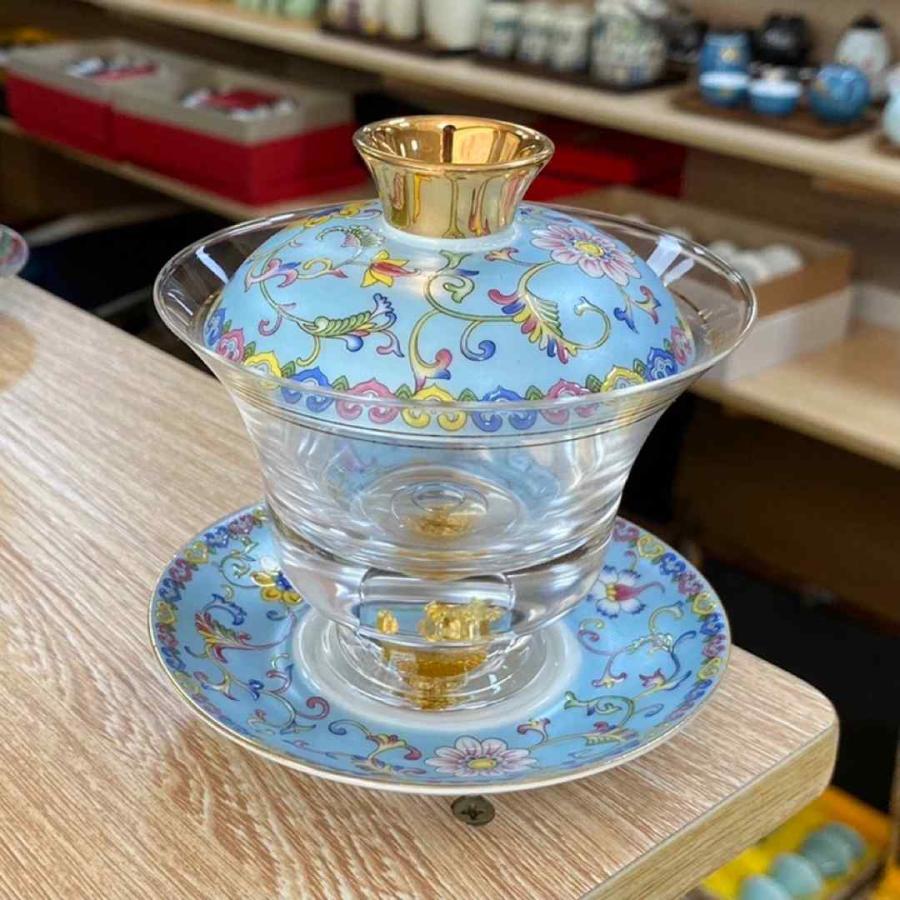 金箔入れ　茶器ガラス蓋碗 135ml 磁器蓋と受け皿付き（花模様）高級 食器 金箔入れ 茶器ガラス蓋碗 135ml 磁器蓋と受け皿付き（花模様）高級