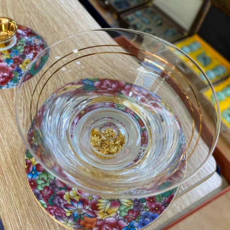 金箔入れ 茶器ガラス蓋碗 180ml 磁器蓋と受け皿付き（花模様）高級