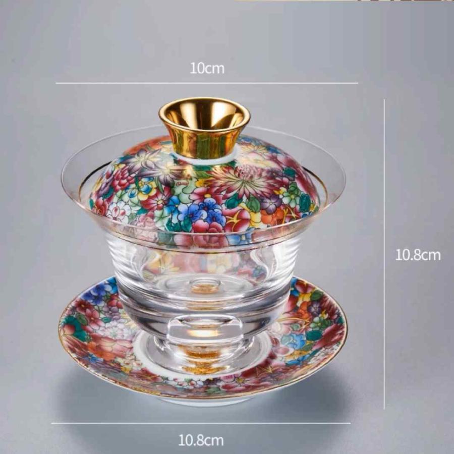 金箔入れ　茶器ガラス蓋碗 135ml 磁器蓋と受け皿付き（花模様）高級 食器 金箔入れ 茶器ガラス蓋碗 135ml 磁器蓋と受け皿付き（花模様