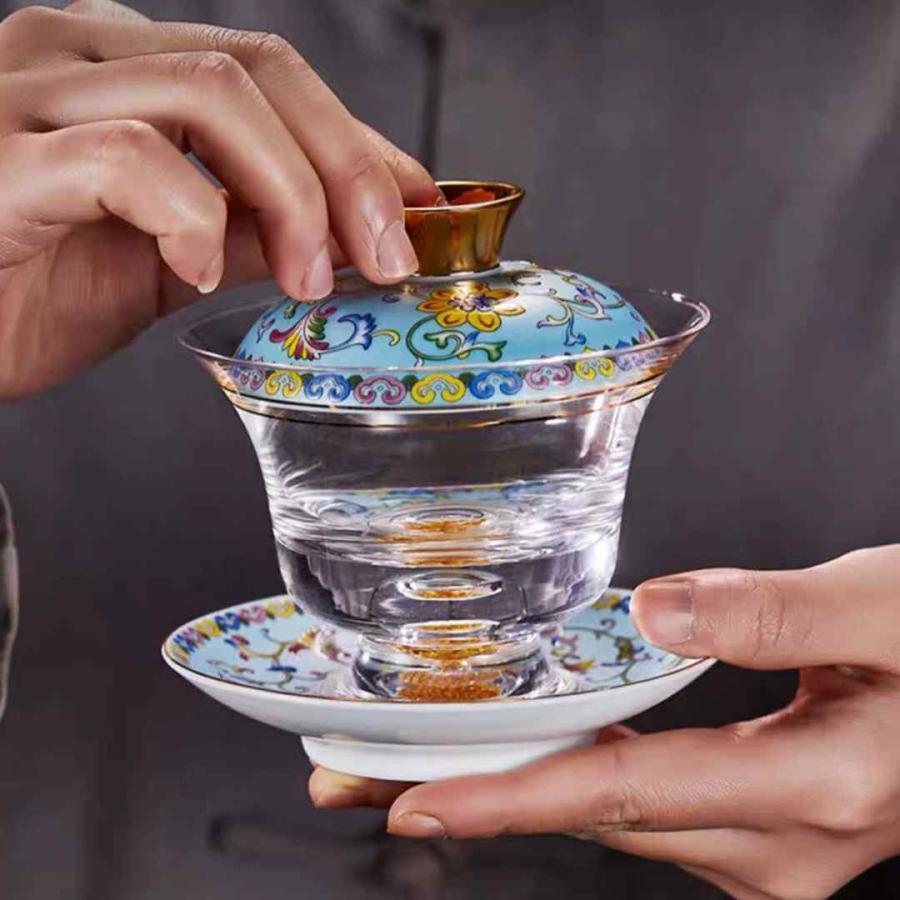 金箔入れ　茶器ガラス蓋碗 135ml 磁器蓋と受け皿付き（花模様）高級 食器 金箔入れ 茶器ガラス蓋碗 135ml 磁器蓋と受け皿付き（花模様）高級