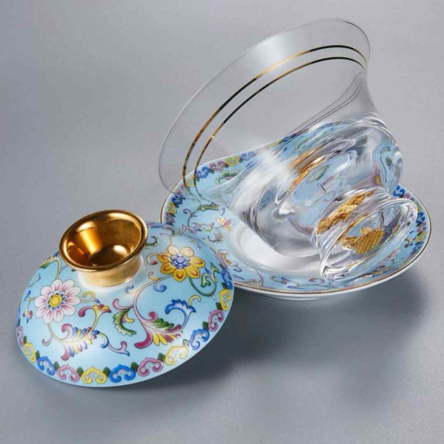 金箔入れ　茶器ガラス蓋碗 135ml 磁器蓋と受け皿付き（花模様）高級 食器 金箔入れ 茶器ガラス蓋碗 135ml 磁器蓋と受け皿付き（花模様