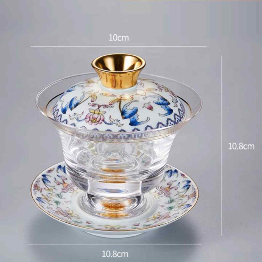 金箔入れ　茶器ガラス蓋碗 135ml 磁器蓋と受け皿付き（花模様）高級 食器 金箔入れ 茶器ガラス蓋碗 135ml 磁器蓋と受け皿付き（花模様）高級