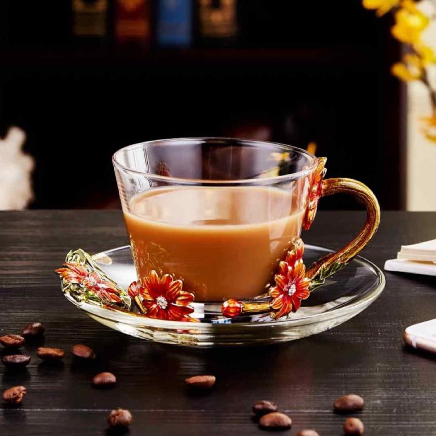 ガラス製ティーコーヒーカップ カップ＆ソーサー2客 花柄 琺瑯質彩カップ ガラス製ティーコーヒーカップ カップ＆ソーサー2客 花柄 琺瑯質彩