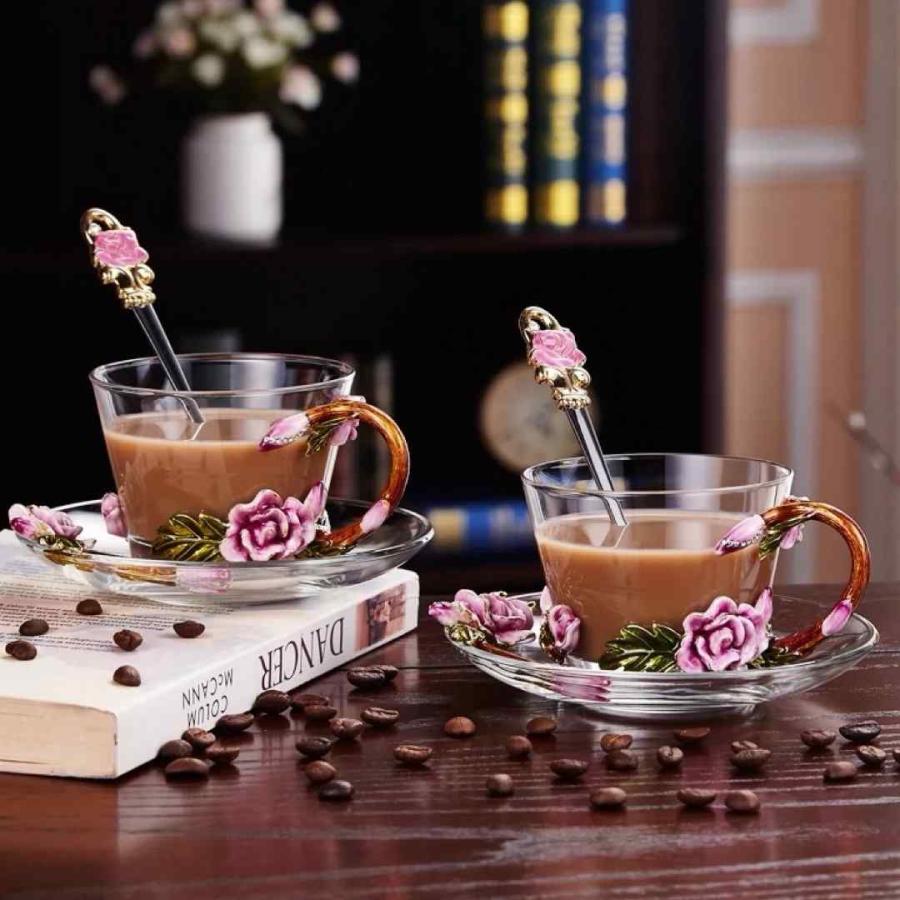 ガラス製ティー・コーヒーカップセットカップ2客 花柄 上品琺瑯彩カップ ガラス製ティーコーヒーカップ カップ＆ソーサー2客 花柄 琺瑯質彩