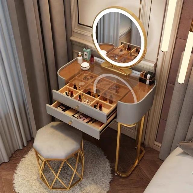 アンティーク調 ドレッサー 化粧台セット鏡台スツール付 ミラー鏡LED