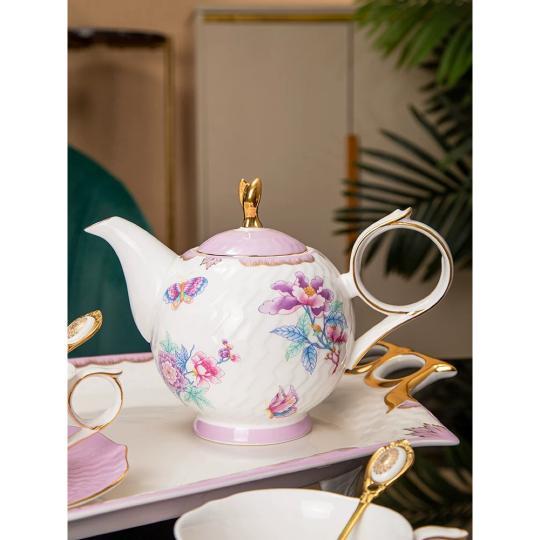 高級ティーセット ピンク フラワー柄 ティーポット＆カップソーサー セット 陶器 高級ティーセット ピンク フラワー柄 ティーポット＆カップソーサー