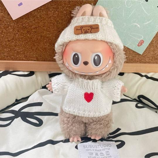 Labubuラブブぬいぐるみ服17cm着せ替え白セーター赤ハート帽子