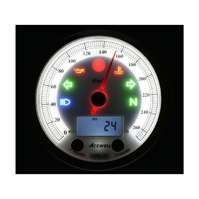 エースウェル 汎用 CA085-262 多機能デジタルメーター 260Km/H カラー ホワイトパネル ACE WELL
