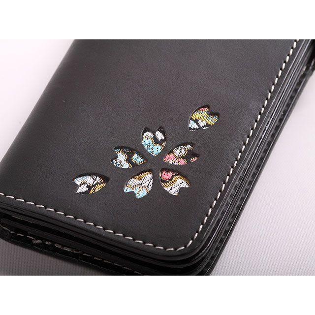 花山 桜刺繍の黒色レザー長財布 花山 桜刺繍の黒色レザー長財布-日本